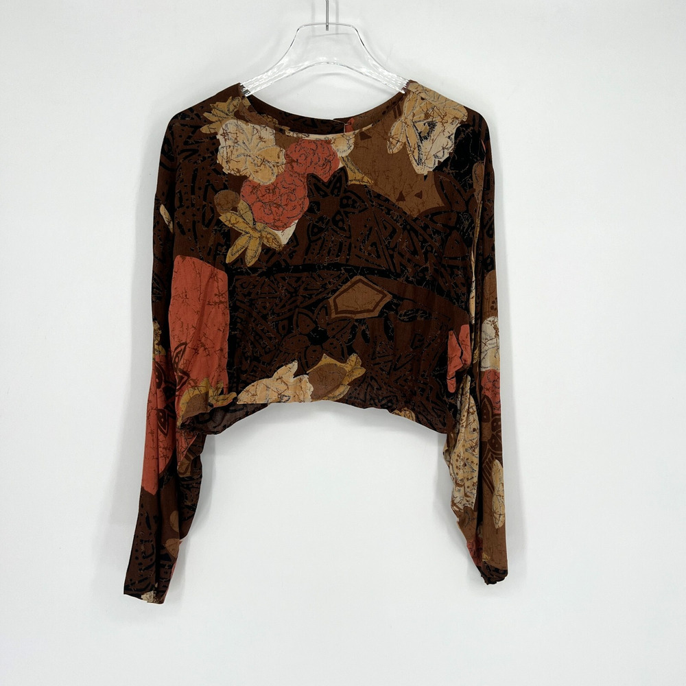 VTG Bohemian Crop Top Womens M/L‎ 60s Print Retro Hawaiian Brown Tropical